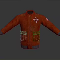 Red Jacket With Cross Logo On Chest Striped Sleeves Pockets And Gray Cuffs Hem
