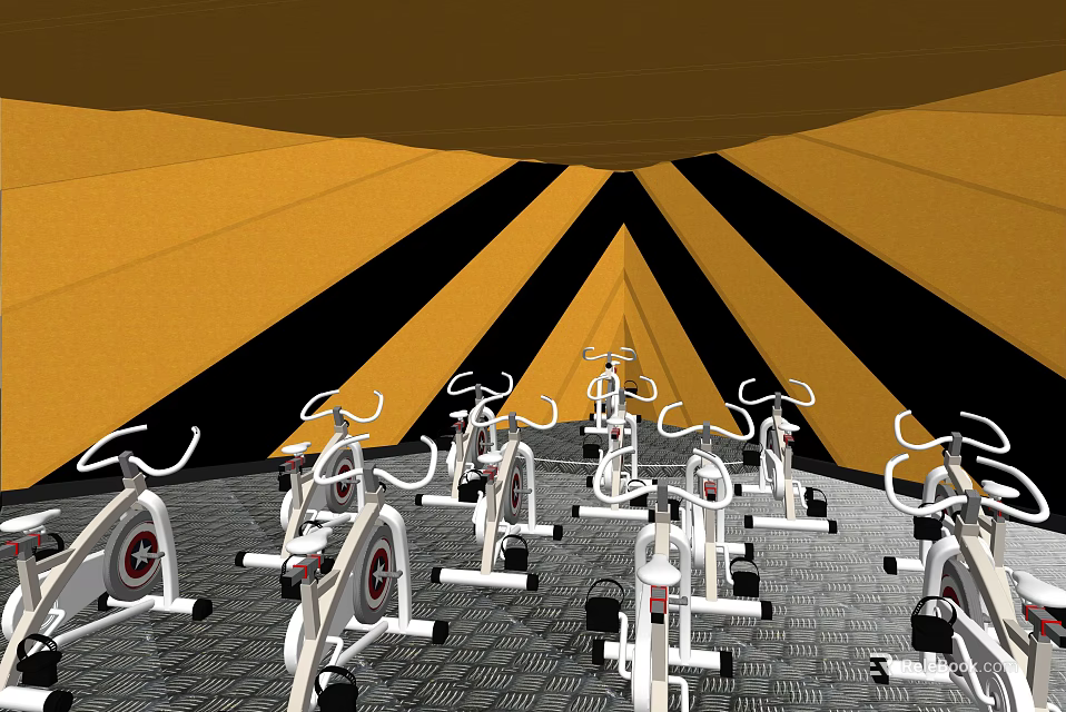 Bright Fitness Studio With Yellow Black Striped Ceiling And Neatly Arranged Spin Bikes 3d model 