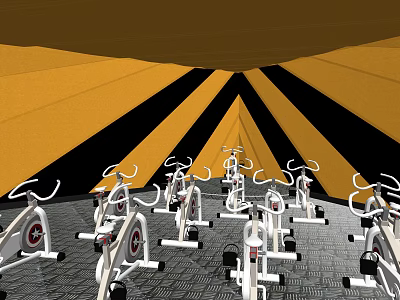 Bright Fitness Studio With Yellow Black Striped Ceiling And Neatly Arranged Spin Bikes 3d model