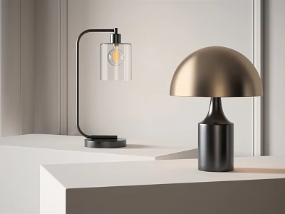 Modern Table Lamps Featuring Black Stand Transparent Shade And Gold Dome Base On White 3d model