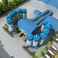 Industrial Plant with Blue and White Silos Yellow Concrete Mixers and Surrounding Flowers
