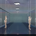 Modern Elevator Hallway Interior With Glass Walls Ceiling Lights And People Standing