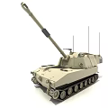Modern Sand Colored Military Tank With Long Cannon Antennas And Tracks