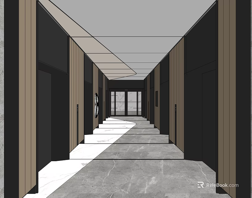 Modern Elevator Corridor With Marble Flooring Grid Ceiling And Dark Wall Panels 3d model