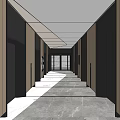 Modern Elevator Corridor With Marble Flooring Grid Ceiling And Dark Wall Panels 3d model