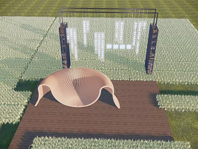 Modern Pergola With Metal Frame And Curved Structure On Wooden Platform In Grassland 3d model
