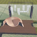 Modern Pergola With Metal Frame And Curved Structure On Wooden Platform In Grassland