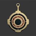 Golden Circular Pendant With Black Center Red Decorations And Metallic Frame As Daily Life Accessory