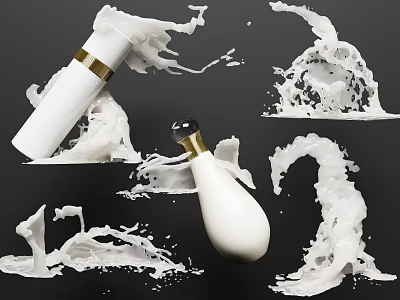Elegant Cosmetic Bottle With White Liquid Dynamic Splashing And Gold Accents 3d model