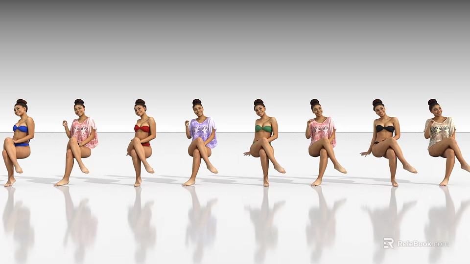 Women Sitting on Floor with Different Colored Tops Against Gray Background and Reflections 3d model 