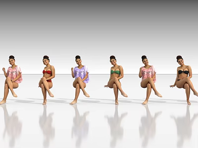 Women Sitting on Floor with Different Colored Tops Against Gray Background and Reflections 3d model