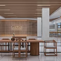 Modern Exhibition Hall Interior With Wooden Ceiling Tables Chairs And Marble Floor