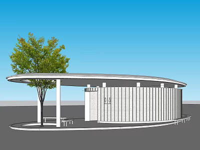 Outdoor Circular Pavilion Design With White Panels Green Tree And Seating 3d model