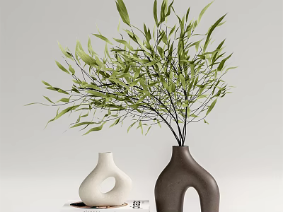 Decorative Unique White And Brown Curved Vases With Green Leafy Branches 3d model