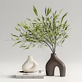 Decorative Unique White And Brown Curved Vases With Green Leafy Branches
