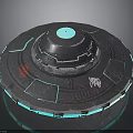 Futuristic UFO Spaceship Design For Cosmic Exploration With Blue Glowing Edges And Symbols