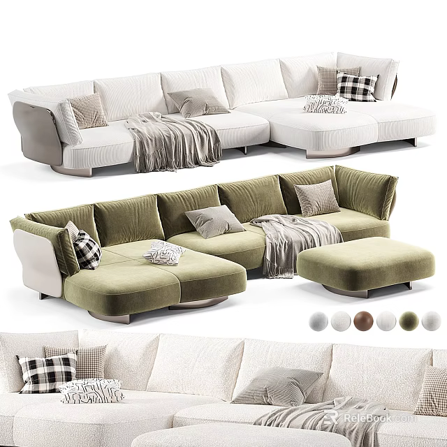 Comfortable Sectional Sofa With Plush Pillows Cozy Blanket And Matching Ottoman In Various Colors 3d model 
