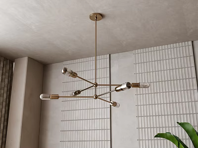 Minimalist Metal Chandelier With Multiple Arms And Bulbs In Modern Interior With Grid Wall 3d model
