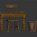 Wooden Desk And Chair With Papers On Top And Woven Trash Bin In Study Area