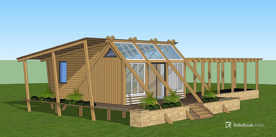Rustic Wooden Guesthouse Architecture With Glass Roof Large Windows Stone Base And Green Lawn 3d model 