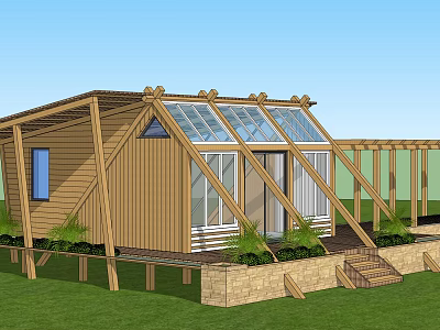 Rustic Wooden Guesthouse Architecture With Glass Roof Large Windows Stone Base And Green Lawn 3d model