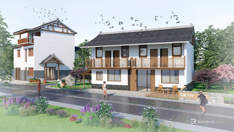 Traditional Chinese Rural House With White Walls Black Tiles Balcony And Flying Birds 3d model 
