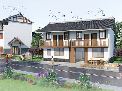 Traditional Chinese Rural House With White Walls Black Tiles Balcony And Flying Birds 3d model
