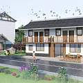 Traditional Chinese Rural House With White Walls Black Tiles Balcony And Flying Birds