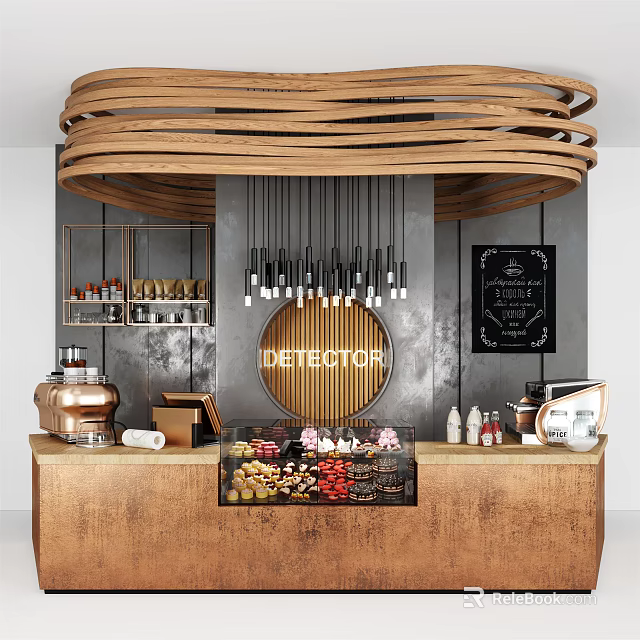 Reception Desk With Wooden Curved Top Hanging Lights DETEBOYOR Sign Copper Counter And Displayed Candies 3d model 