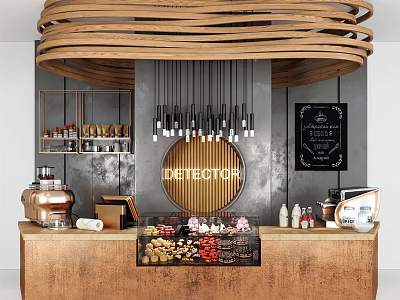 Reception Desk With Wooden Curved Top Hanging Lights DETEBOYOR Sign Copper Counter And Displayed Candies 3d model