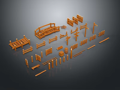 Wooden Architectural Components Featuring Railings Bridge Posts Fences And Planks 3d model