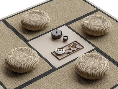 Traditional Japanese Tatami Floor With Four Round Cushions And Tea Set Tray 3d model
