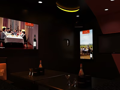 Modern KTV Private Room Interior With Large Screen Wine Bottles And Glasses 3d model