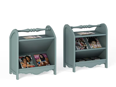 Light Blue Two Shelf Bookcases With Curved Edges Handles And Magazines 3d model