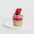 Delicious Cupcake With Pink Frosting Fresh Strawberry And Berries On White Plate