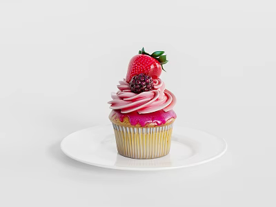 Delicious Cupcake With Pink Frosting Fresh Strawberry And Berries On White Plate 3d model