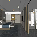 Modern Hotel Room Interior With King Bed Wooden Flooring Geometric Rug And Marble Bathroom