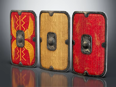 Three Decorative Shields Featuring Red Yellow Patterns Wooden Panel And Red Black Metal Accents 3d model