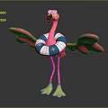 Cartoon Flamingo Character With Pink Wings Blue And White Lifebuoy Yellow Feet And Striped Legs
