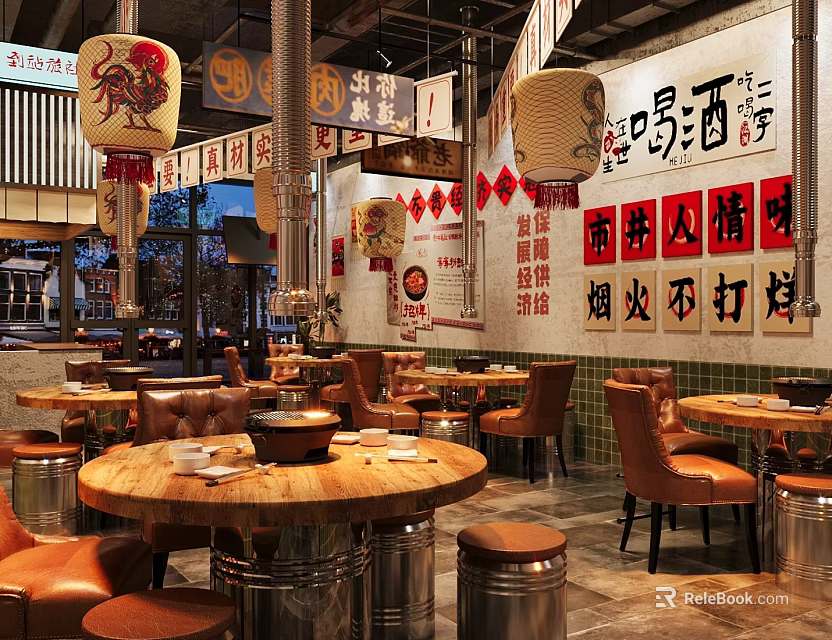 Traditional Hotpot Restaurant with Red Lanterns Chinese Signs Wooden Tables and Leather Seats 3d model 