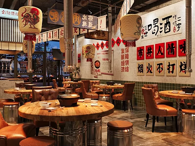 Traditional Hotpot Restaurant with Red Lanterns Chinese Signs Wooden Tables and Leather Seats 3d model