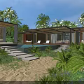 Tropical Garden Landscape Featuring Lush Greenery Outdoor Pool Wooden Pavilion And Stone Steps