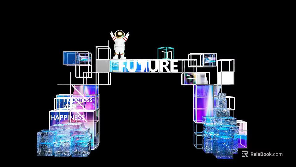 Futuristic Archway With Astronaut Future Happiness Progress Signage and Illuminated Modern Tech Structure 3d model 
