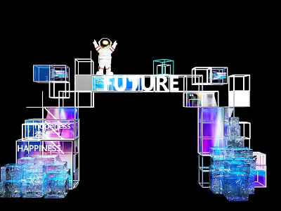 Futuristic Archway With Astronaut Future Happiness Progress Signage and Illuminated Modern Tech Structure 3d model