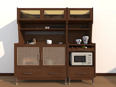 Brown Wooden Sideboard With Open Shelves Lattice Doors Microwave Storage Drawers And Metal Legs 3d model