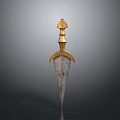 Ornate Ancient Weapon With Golden Decorative Pommel And Carved Steel Blade Design