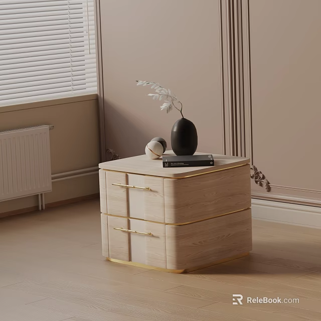 Elegant Wooden Nightstand Featuring Golden Handles Drawers Black Vase White Plant And Book 3d model 