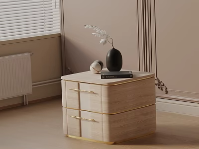 Elegant Wooden Nightstand Featuring Golden Handles Drawers Black Vase White Plant And Book 3d model