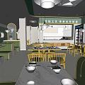 Traditional Craft Restaurant Interior With Green Seats Wooden Tables Marble Countertops And Bright Open Layout