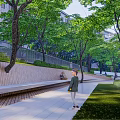 Garden Landscape Design With Lush Green Trees Stone Steps And People Resting